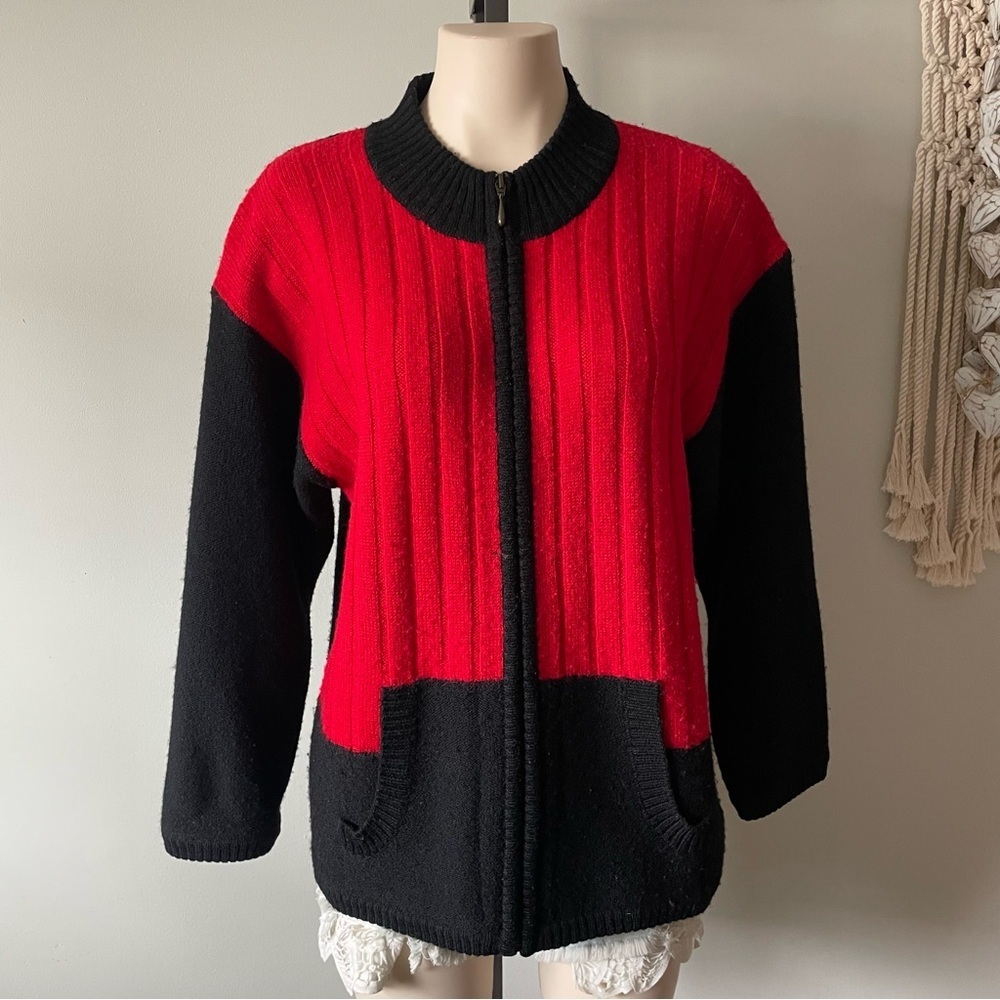 Vintage 100% Wool Colorblock Cardigan By Garey Petites Red Black Zip Up 80s 90s